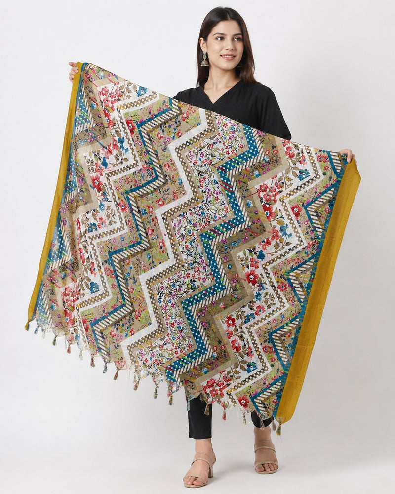 Women’s Art Silk Multicolour Floral Geometric Printed Dupatta with Tassels