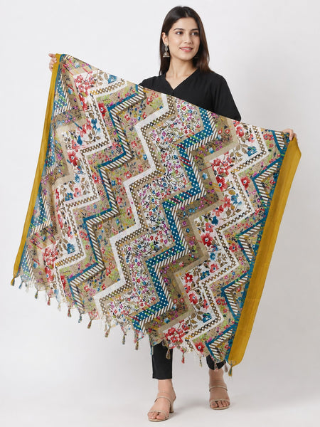 Women’s Art Silk Multicolour Floral Geometric Printed Dupatta with Tassels