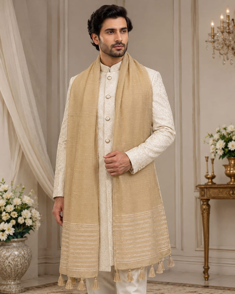 Chanderi Cotton Men’s Sherwani Dupatta with Zari Border & Tassels