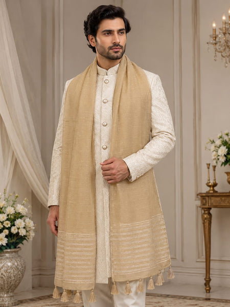 Chanderi Cotton Men’s Sherwani Dupatta with Zari Border & Tassels