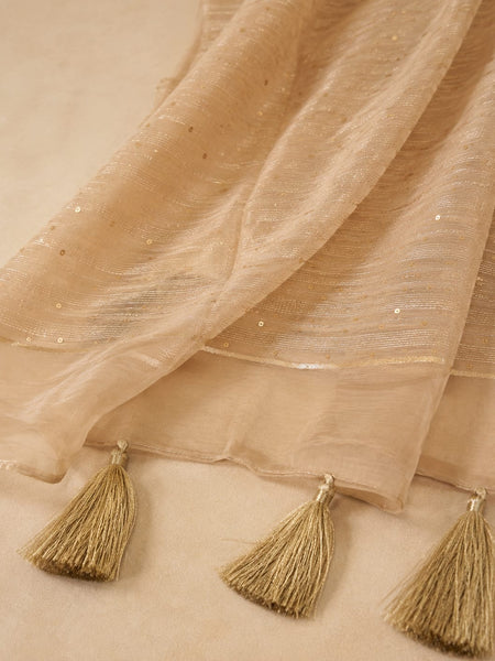 Gold Cotton Chanderi Dupatta with Golden Woven Stripes & Tassels