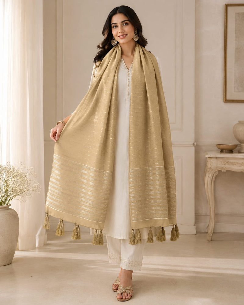 Gold Cotton Chanderi Dupatta with Golden Woven Stripes & Tassels