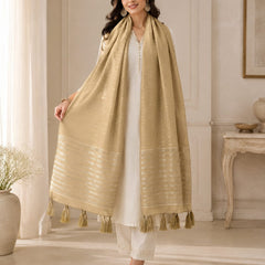 Gold Cotton Chanderi Dupatta with Golden Woven Stripes & Tassels