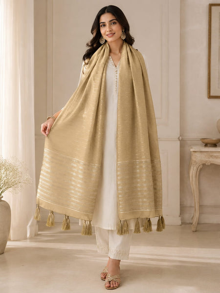 Gold Cotton Chanderi Dupatta with Golden Woven Stripes & Tassels