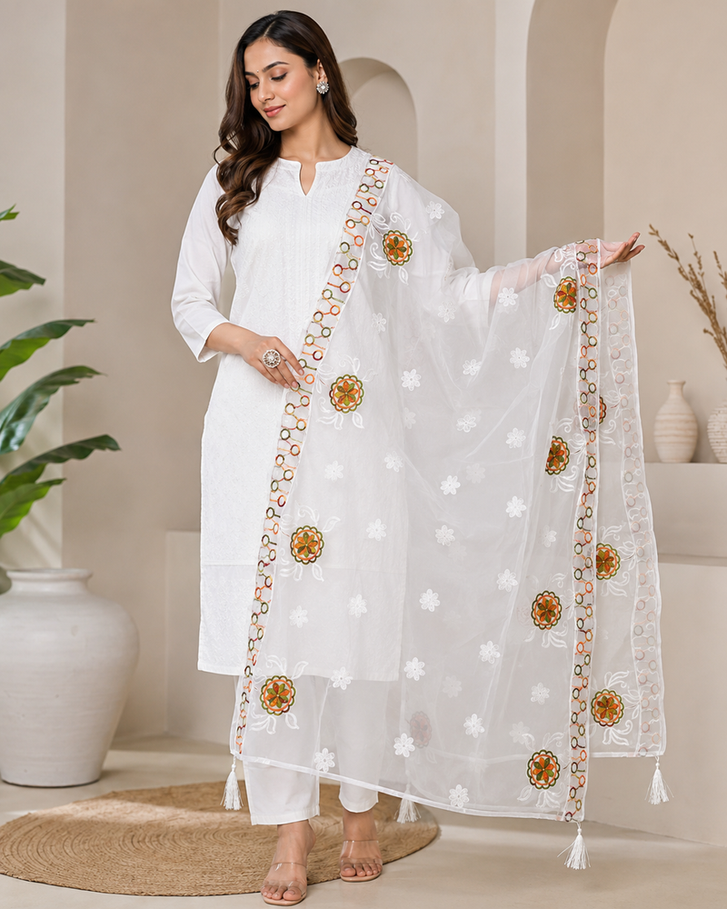 Women’s White Chiffon Thread Work Dupatta with Multicolor Floral Embroidery, Designer Border & Tassels