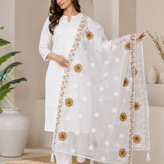Women’s White Chiffon Thread Work Dupatta with Multicolor Floral Embroidery, Designer Border & Tassels