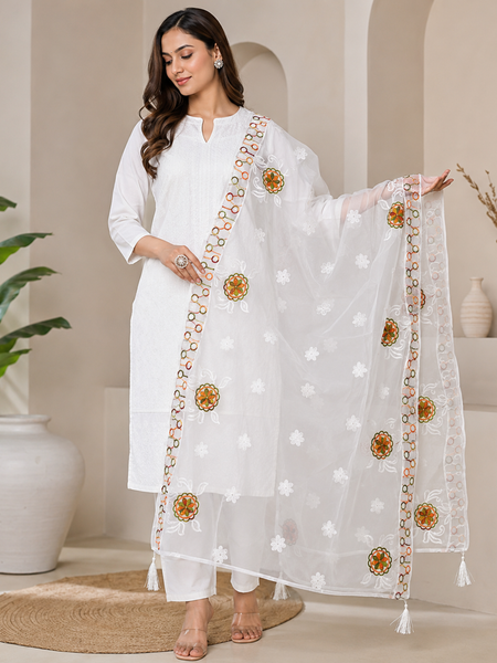 Women’s White Chiffon Thread Work Dupatta with Multicolor Floral Embroidery, Designer Border & Tassels