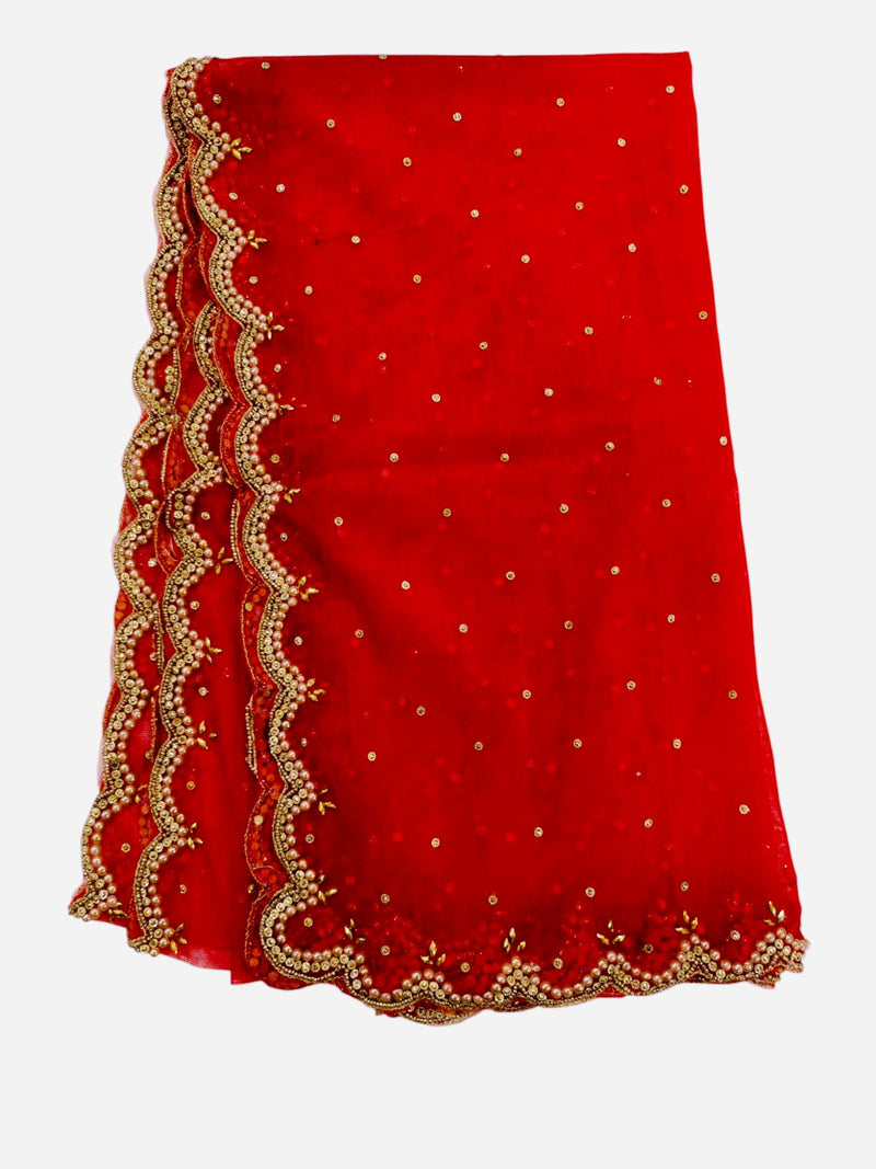 Red Bridal Net Dupatta with Cut Work & Pearl Lace Border | Heavy Embroidered Wedding Dupatta