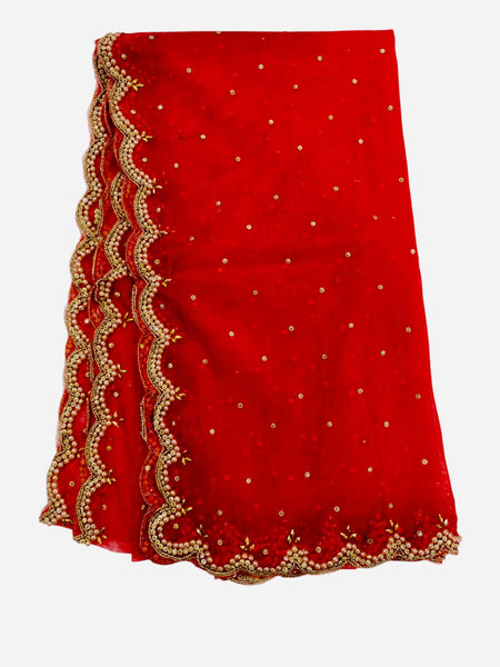 Red Bridal Net Dupatta with Cut Work & Pearl Lace Border | Heavy Embroidered Wedding Dupatta