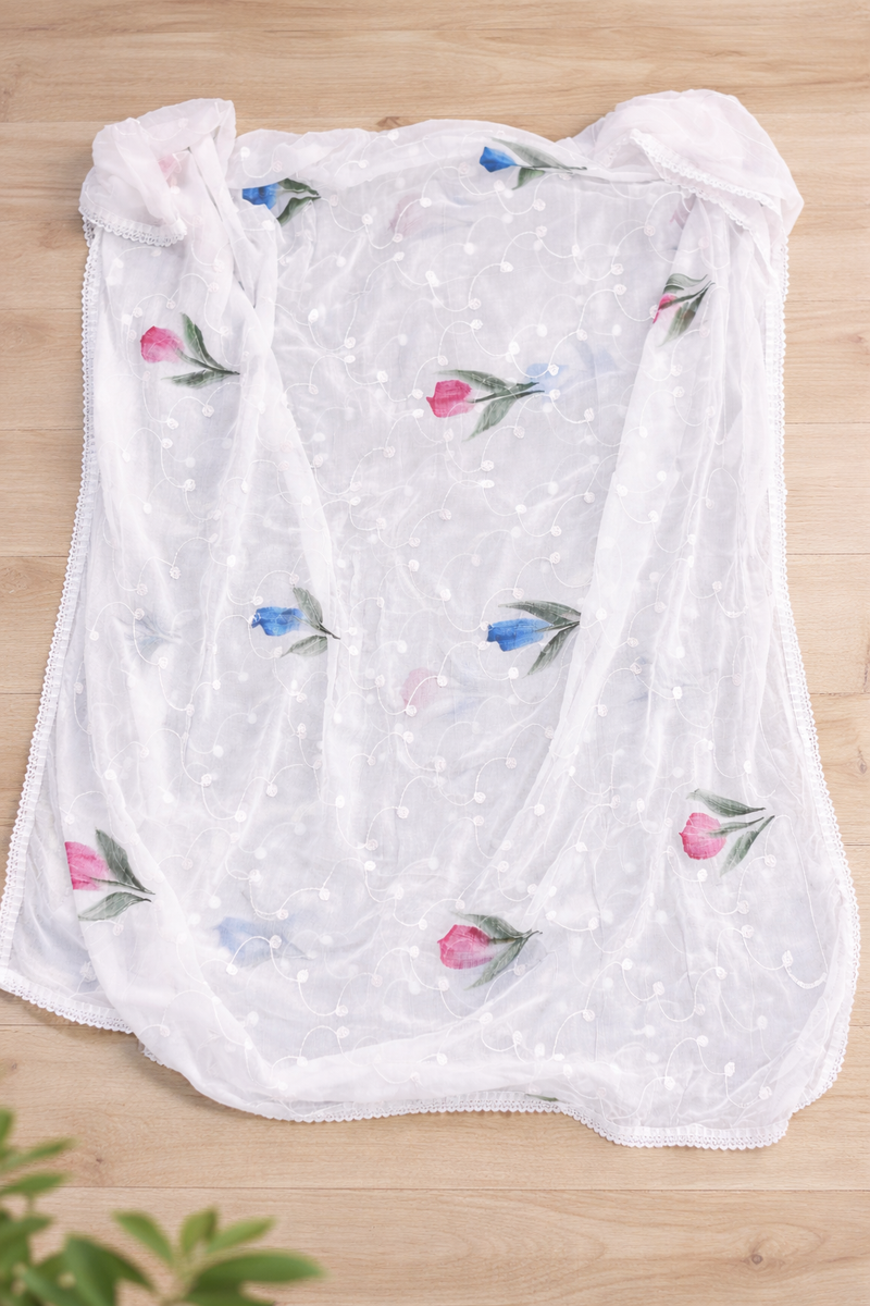 Women's White Chiffon Thread Work Floral Printed Dupatta