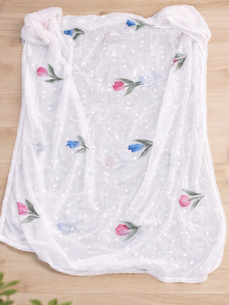Women's White Chiffon Thread Work Floral Printed Dupatta