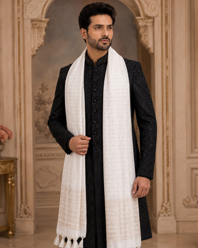 Chanderi Cotton Men’s Sherwani Dupatta with Zari Border & Tassels