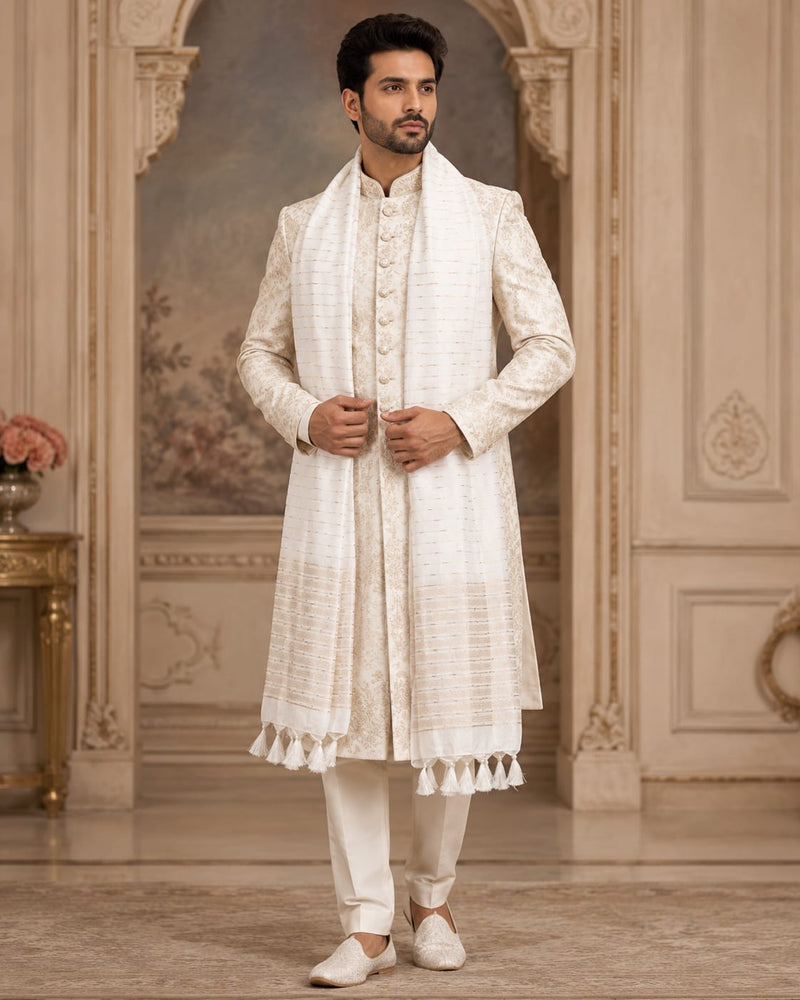 Chanderi Cotton Men’s Sherwani Dupatta with Zari Border & Tassels