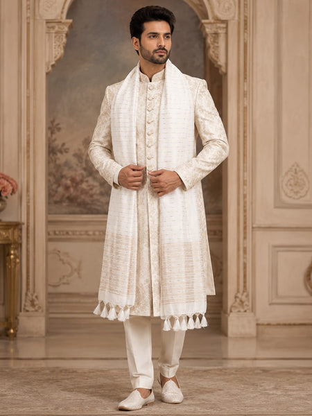 Chanderi Cotton Men’s Sherwani Dupatta with Zari Border & Tassels