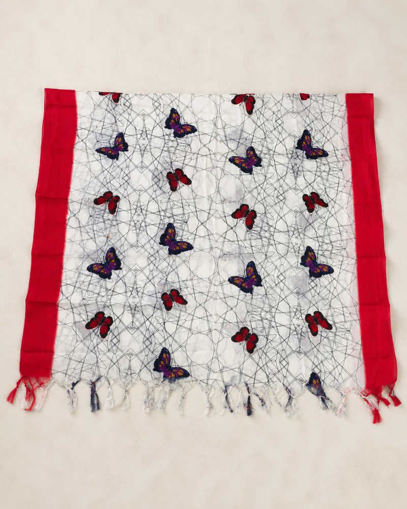 Art Silk Butterfly Printed Dupatta with Contrast Border & Tassels for Women