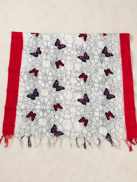 Art Silk Butterfly Printed Dupatta with Contrast Border & Tassels for Women
