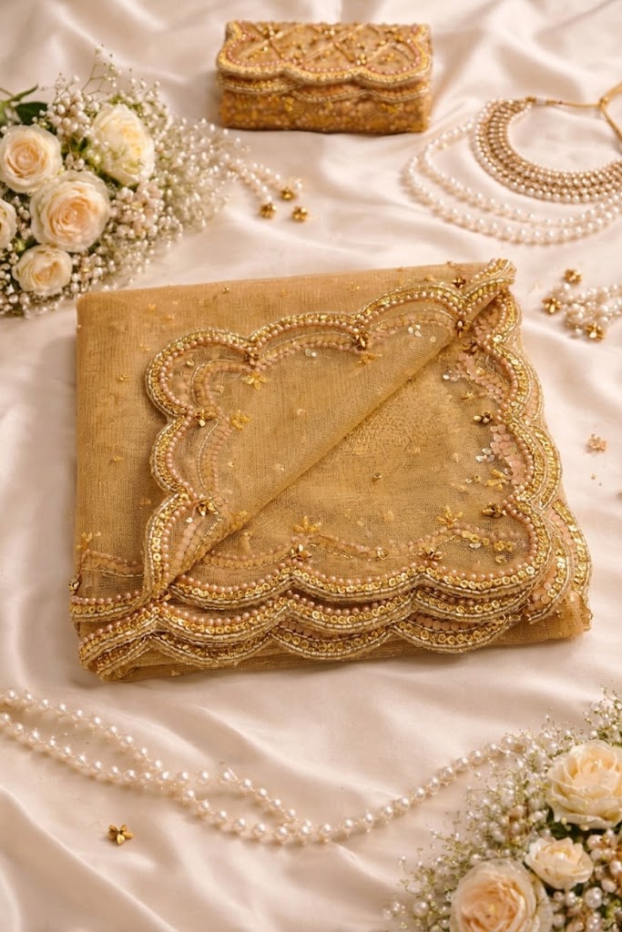 Gold Net Bridal Dupatta with Scalloped Cut Work Border