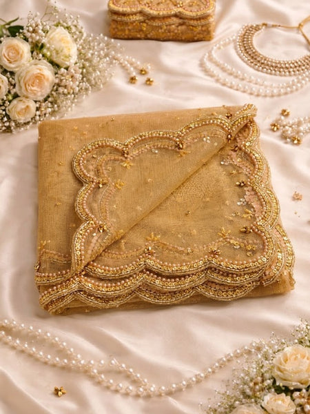 Gold Net Bridal Dupatta with Scalloped Cut Work Border
