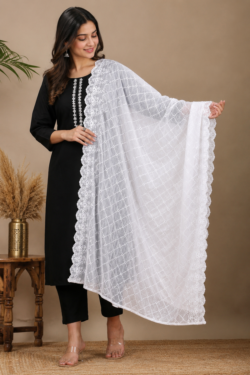 Women’s Cotton Thread Work Embroidered Dupatta with Floral Scalloped Lace Border