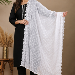 Women’s Cotton Thread Work Embroidered Dupatta with Floral Scalloped Lace Border