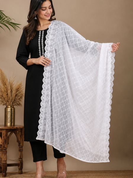 Women’s Cotton Thread Work Embroidered Dupatta with Floral Scalloped Lace Border