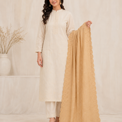 Women’s Cotton Thread Work Dupatta with Embroidered Paisley Cutwork Scalloped Border