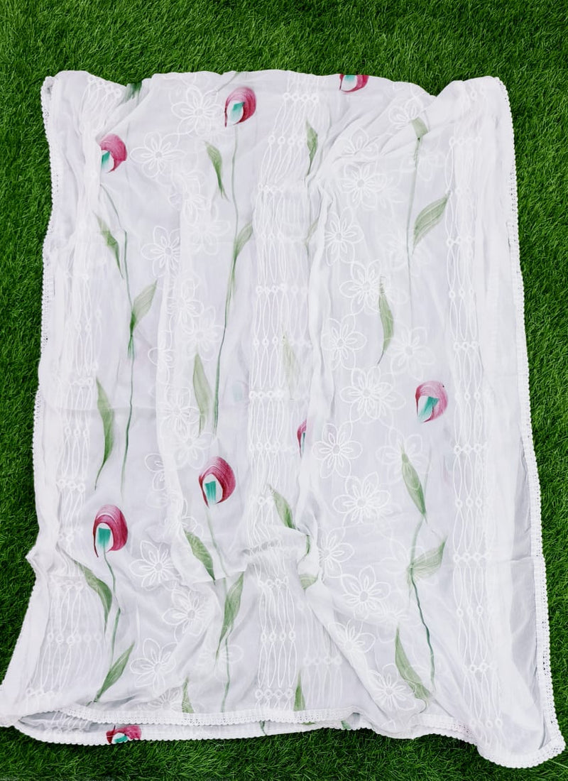 Elegant White Chiffon Thread Work Dupatta with Multicolor Touch – Lightweight Ethnic Scarf for Women & Girls