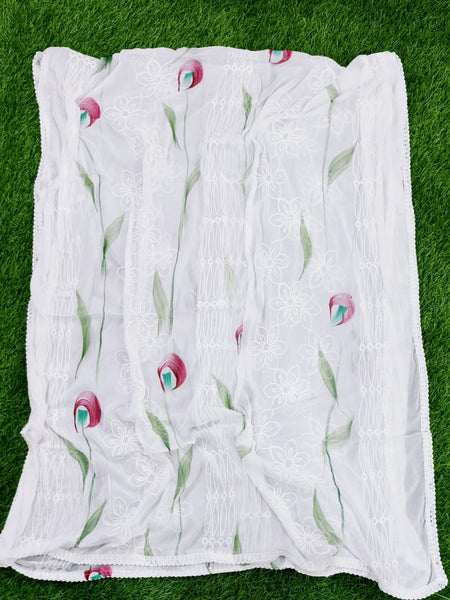 Elegant White Chiffon Thread Work Dupatta with Multicolor Touch – Lightweight Ethnic Scarf for Women & Girls