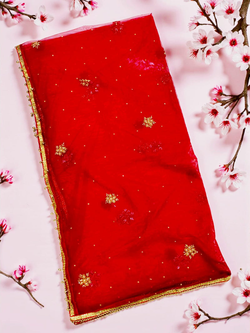 Red Bridal Net Dupatta with Golden Embroidery & Beaded Lace Border – Lightweight Wedding Dupatta