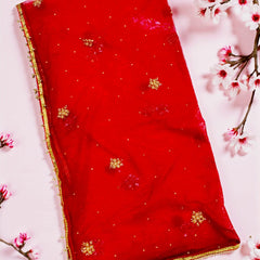 Red Bridal Net Dupatta with Golden Embroidery & Beaded Lace Border – Lightweight Wedding Dupatta