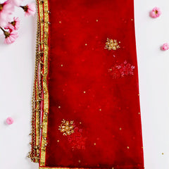 Red Bridal Net Dupatta with Golden Embroidery & Beaded Lace Border – Lightweight Wedding Dupatta