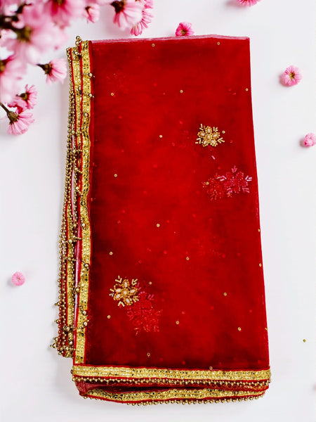 Red Bridal Net Dupatta with Golden Embroidery & Beaded Lace Border – Lightweight Wedding Dupatta