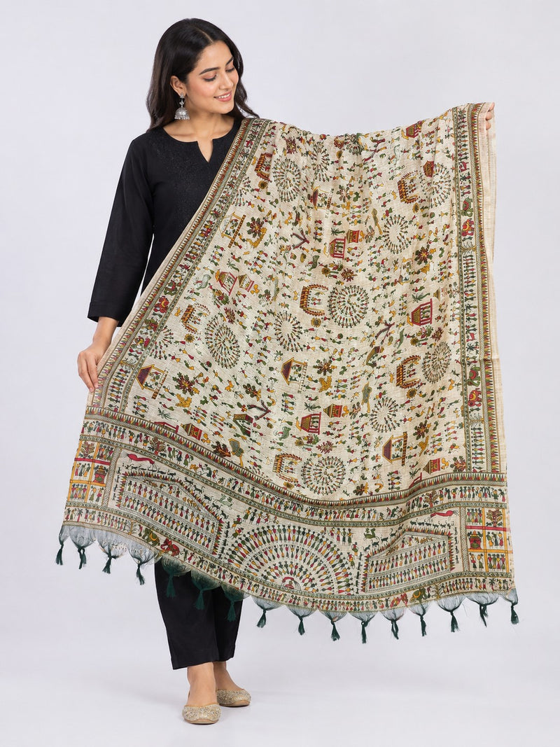 Women’s Art Silk Kalamkari Printed Dupatta with Traditional Border and Tassels