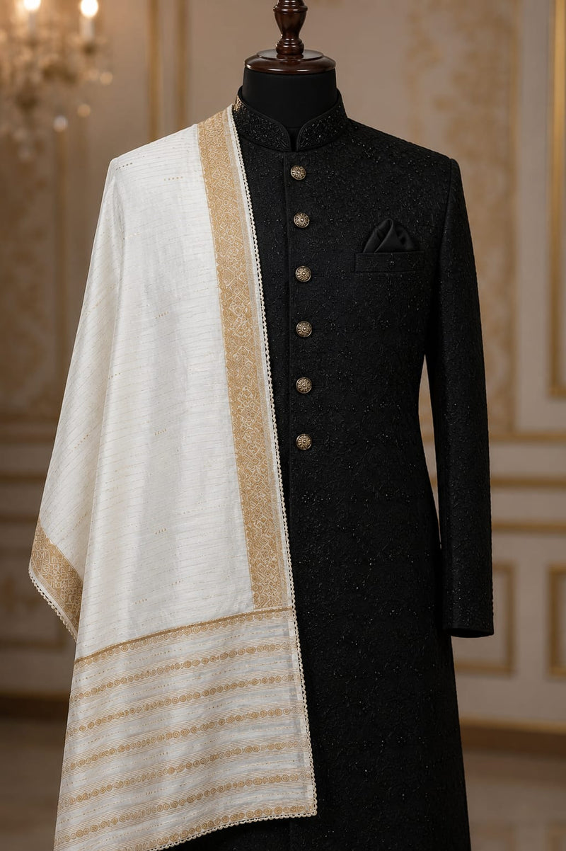 Men's Off White Cotton Chanderi Sherwani Dupatta with Golden Woven Border