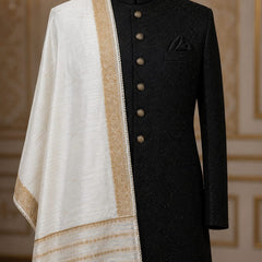 Men's Off White Cotton Chanderi Sherwani Dupatta with Golden Woven Border