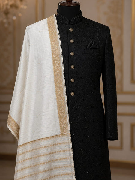 Men's Off White Cotton Chanderi Sherwani Dupatta with Golden Woven Border