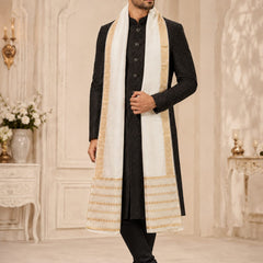 Men's Off White Cotton Chanderi Sherwani Dupatta with Golden Woven Border