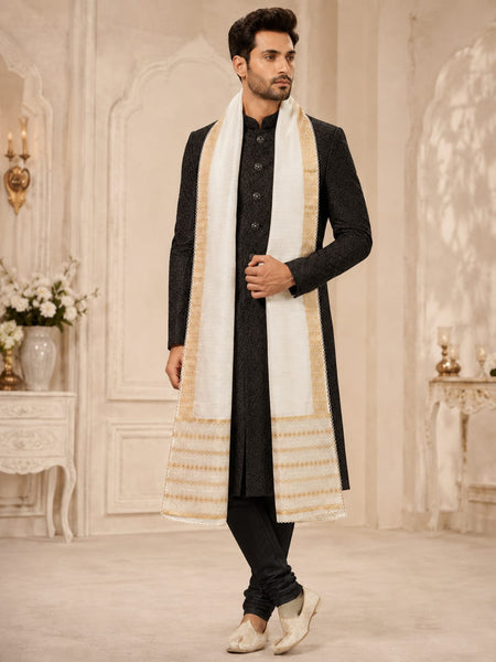 Men's Off White Cotton Chanderi Sherwani Dupatta with Golden Woven Border