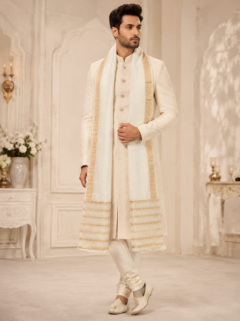 Men's Off White Cotton Chanderi Sherwani Dupatta with Golden Woven Border