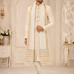 Men's Off White Cotton Chanderi Sherwani Dupatta with Golden Woven Border