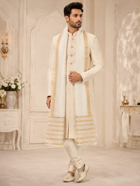 Men's Off White Cotton Chanderi Sherwani Dupatta with Golden Woven Border