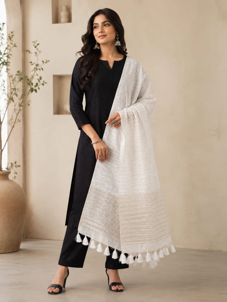 Dupatta Women's Cotton Chanderi Dupatta with Golden Woven Stripes & Tassels