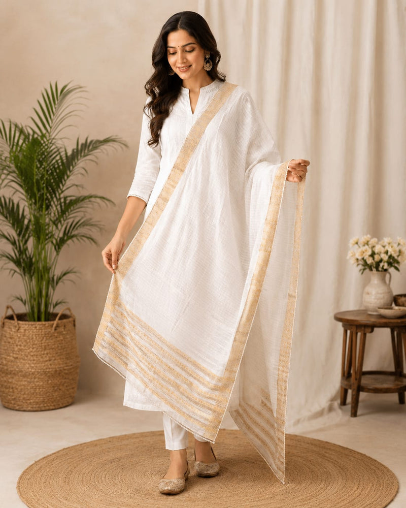 White Cotton Chanderi Border Dupatta for Women