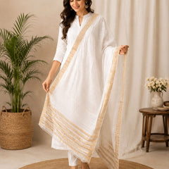 White Cotton Chanderi Border Dupatta for Women