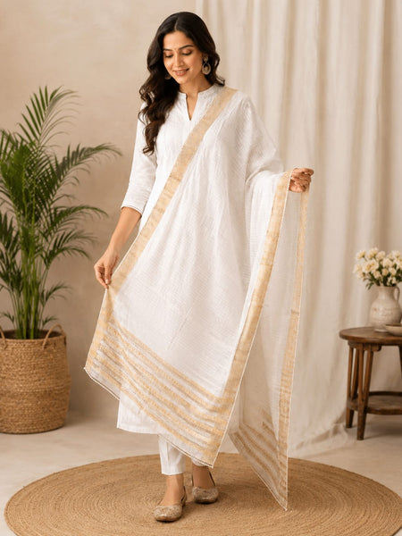 White Cotton Chanderi Border Dupatta for Women