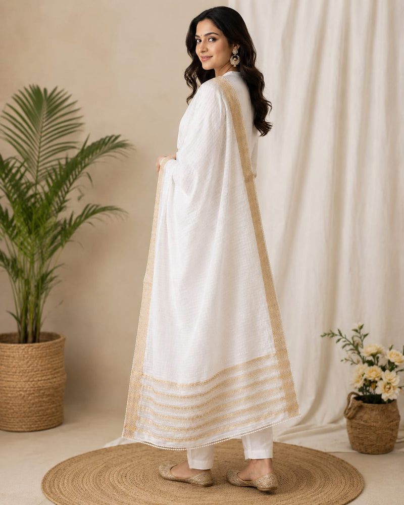 White Cotton Chanderi Border Dupatta for Women