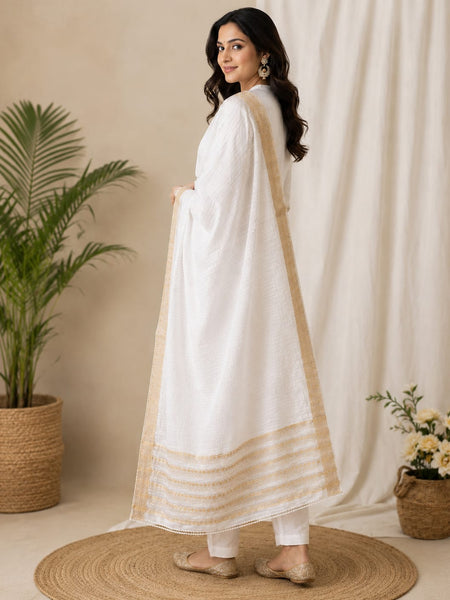 White Cotton Chanderi Border Dupatta for Women