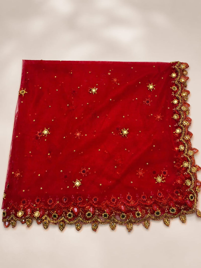 Red Net Cutwork Dupatta for Women