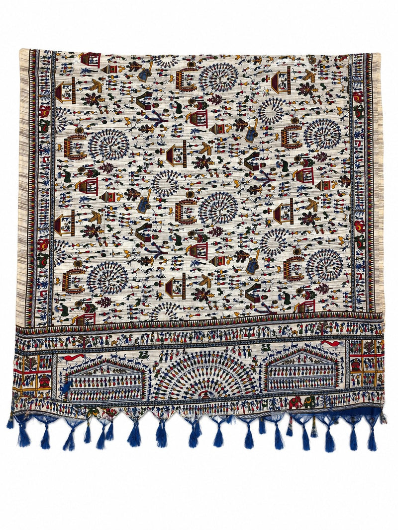 Women’s Art Silk Multicolour Folk Printed Dupatta with Border and Tassels