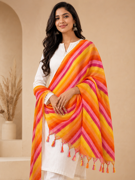 Women’s Art Silk Multicolor Leheriya Printed Dupatta with Tassels
